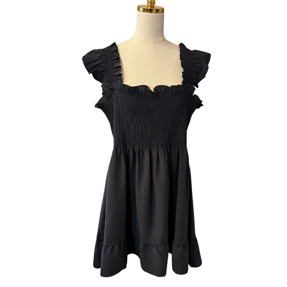 Hill House Home Elizabeth Nap Dress Black Smocked Ruffle Mini Dress XXL
